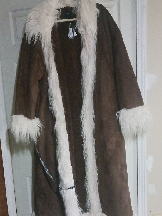 Boohoo Jackets & Blazers - Boohoo Brown Faux-Suede Long Trench with Cream Faux-Fur Trim